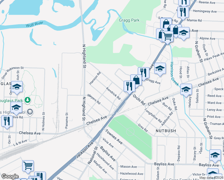 map of restaurants, bars, coffee shops, grocery stores, and more near 3598 Kendrick Road in Memphis
