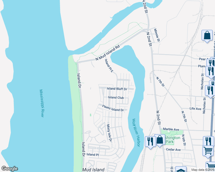 map of restaurants, bars, coffee shops, grocery stores, and more near 170 Island Bluff Drive in Memphis