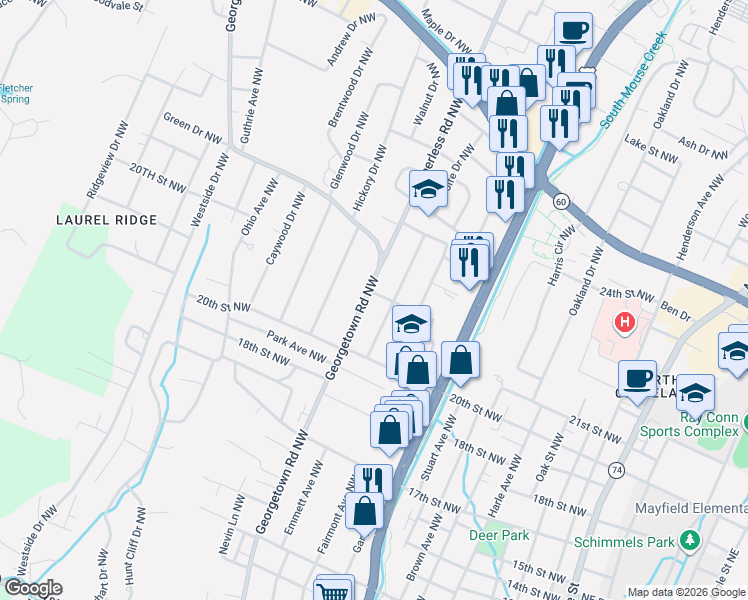 map of restaurants, bars, coffee shops, grocery stores, and more near 2020 Georgetown Road Northwest in Cleveland
