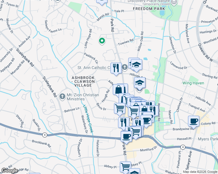 map of restaurants, bars, coffee shops, grocery stores, and more near 3908 Hough Road in Charlotte