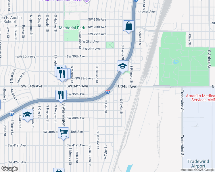 map of restaurants, bars, coffee shops, grocery stores, and more near 3404 South Tyler Street in Amarillo