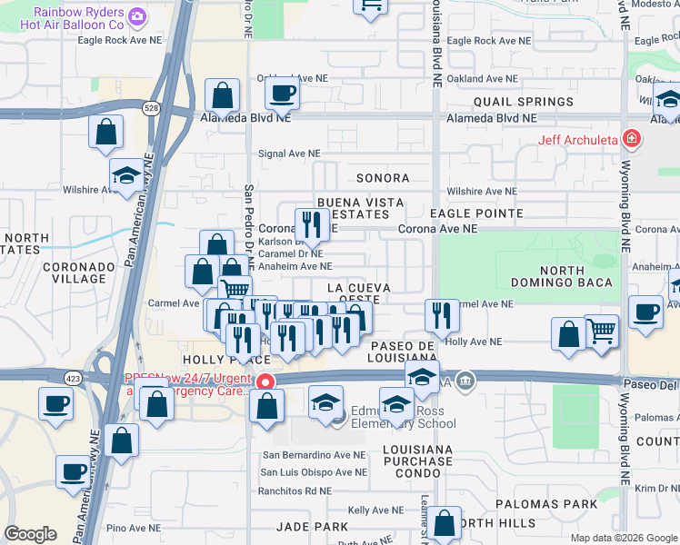 map of restaurants, bars, coffee shops, grocery stores, and more near 6500 Sonrisa Place Northeast in Albuquerque