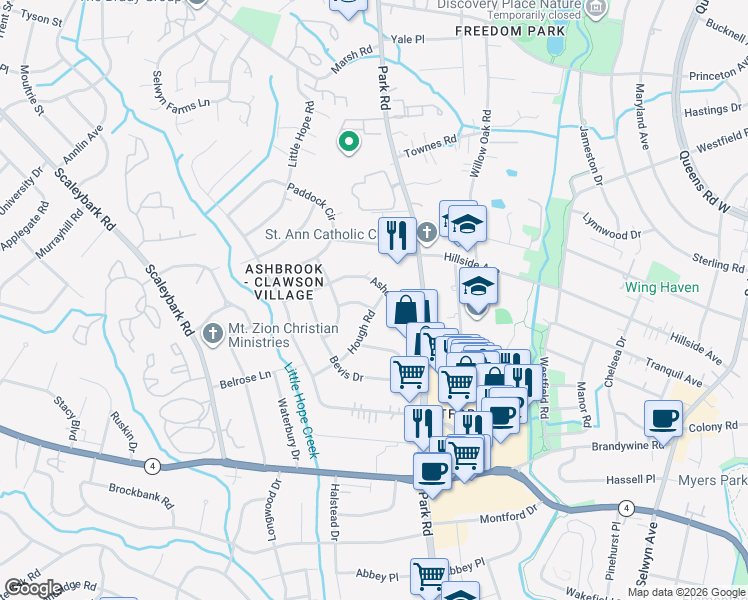 map of restaurants, bars, coffee shops, grocery stores, and more near 3908 Hough Road in Charlotte