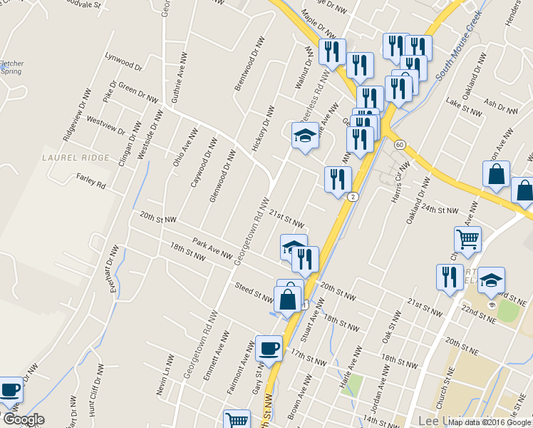 map of restaurants, bars, coffee shops, grocery stores, and more near 2020 Georgetown Road Northwest in Cleveland