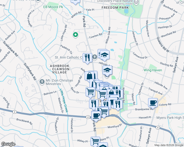 map of restaurants, bars, coffee shops, grocery stores, and more near 1449 Ashcraft Lane in Charlotte