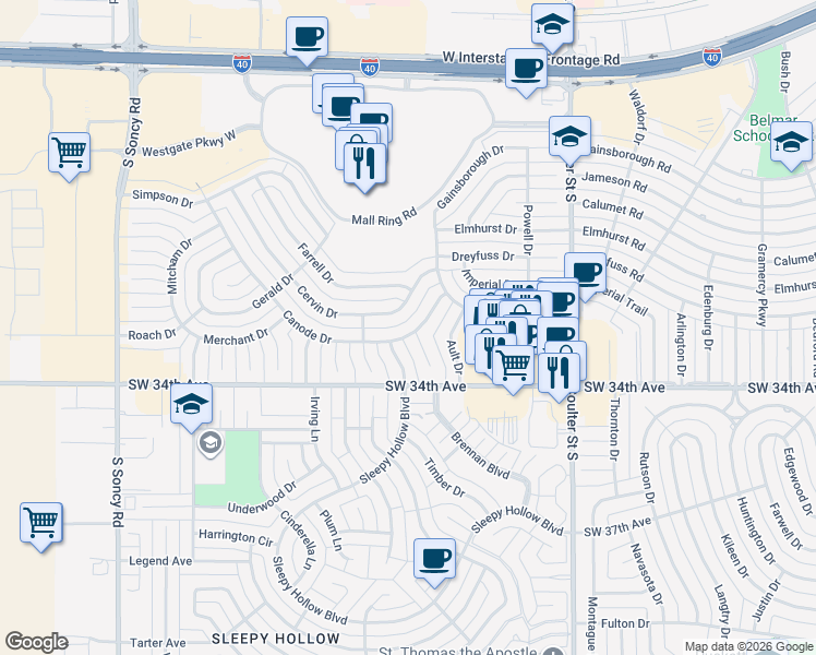 map of restaurants, bars, coffee shops, grocery stores, and more near 3300 Whitecotton Place in Amarillo