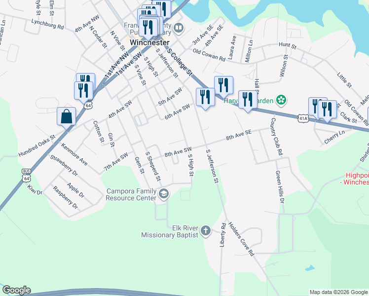 map of restaurants, bars, coffee shops, grocery stores, and more near 806 South High Street in Winchester