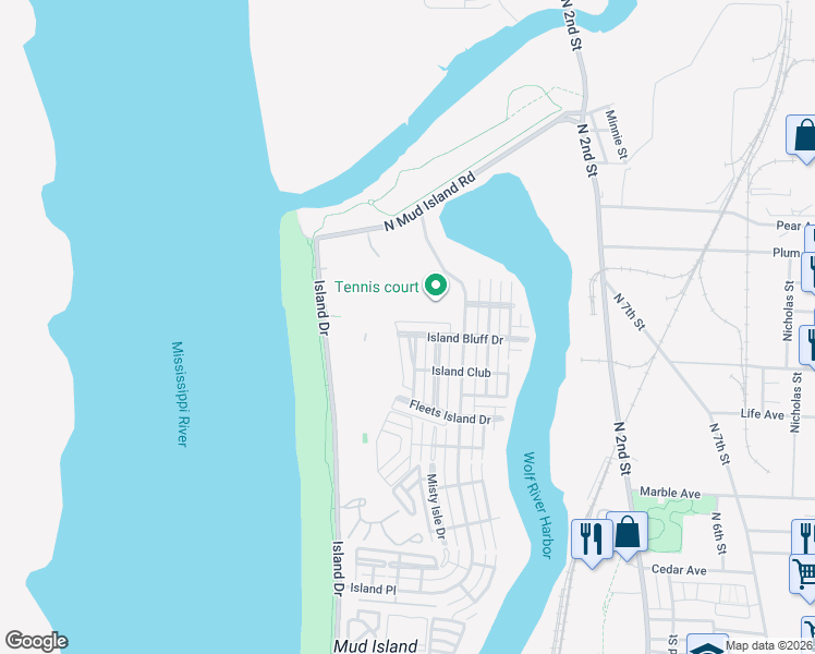 map of restaurants, bars, coffee shops, grocery stores, and more near 1393 Island Shore Drive in Memphis