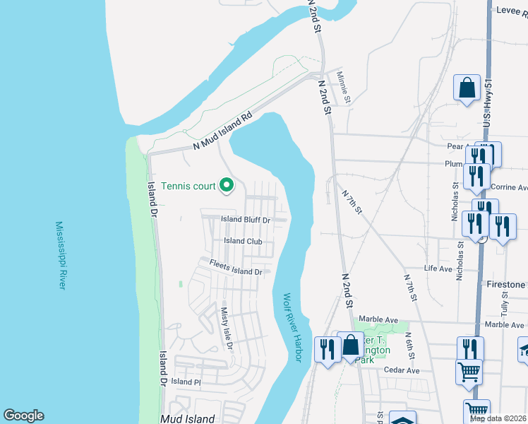 map of restaurants, bars, coffee shops, grocery stores, and more near 1389 Island Town Drive in Memphis