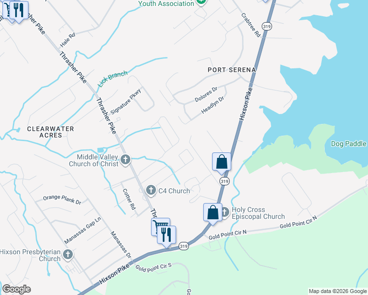 map of restaurants, bars, coffee shops, grocery stores, and more near 7367 Hixson Pike in Middle Valley