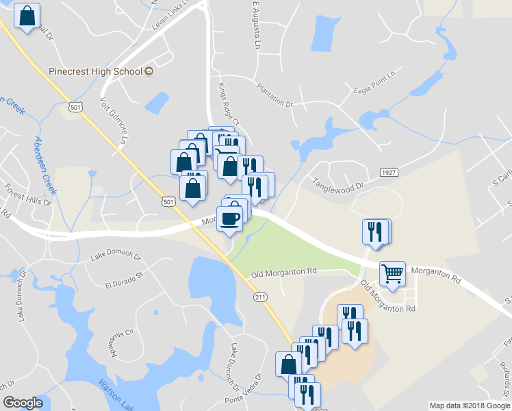 map of restaurants, bars, coffee shops, grocery stores, and more near 1216 Morganton Road in Southern Pines