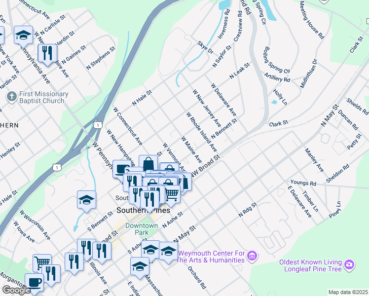map of restaurants, bars, coffee shops, grocery stores, and more near 250 West Maine Avenue in Southern Pines