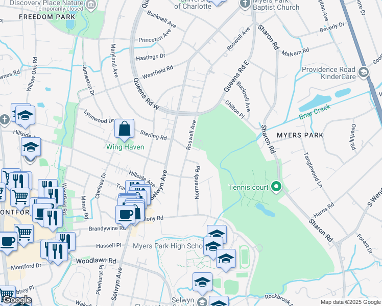 map of restaurants, bars, coffee shops, grocery stores, and more near 2503 Roswell Avenue in Charlotte