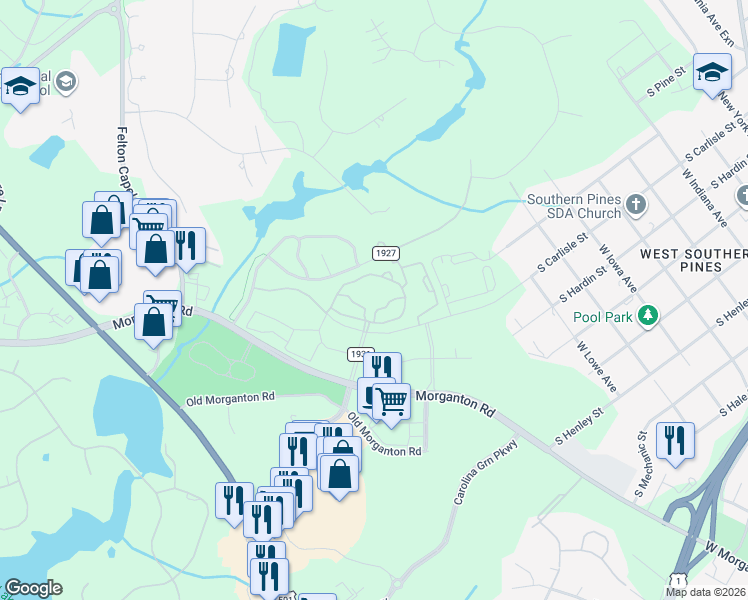 map of restaurants, bars, coffee shops, grocery stores, and more near 2000 Legends drive in Southern Pines