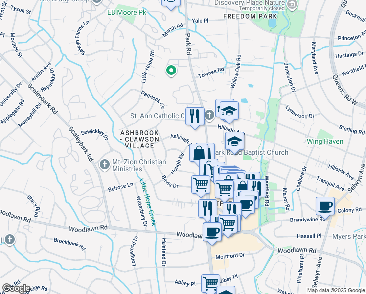 map of restaurants, bars, coffee shops, grocery stores, and more near 3908 Hough Road in Charlotte