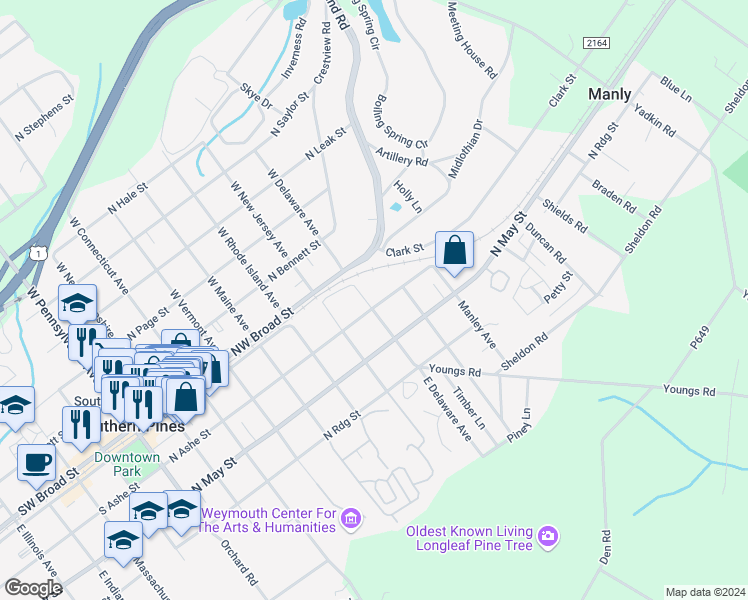 map of restaurants, bars, coffee shops, grocery stores, and more near 800 North Ashe Street in Southern Pines