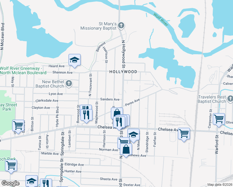 map of restaurants, bars, coffee shops, grocery stores, and more near 1532 Oakwood Street in Memphis