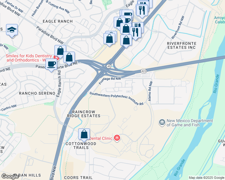 map of restaurants, bars, coffee shops, grocery stores, and more near 9180 Coors Boulevard Northwest in Albuquerque