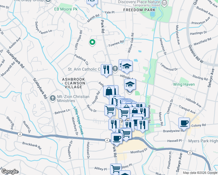 map of restaurants, bars, coffee shops, grocery stores, and more near 1449 Ashcraft Lane in Charlotte