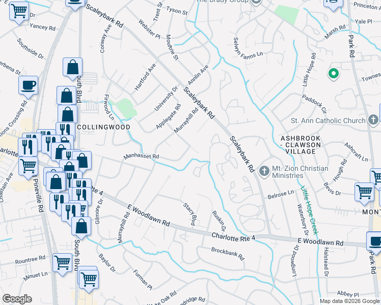 map of restaurants, bars, coffee shops, grocery stores, and more near 808 Manhasset Road in Charlotte