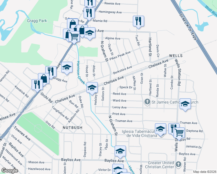 map of restaurants, bars, coffee shops, grocery stores, and more near 1696 North Graham Street in Memphis