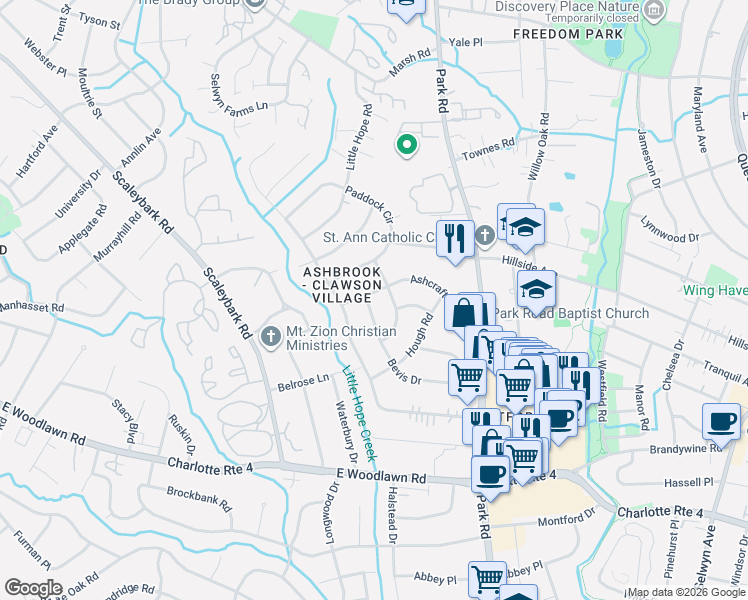map of restaurants, bars, coffee shops, grocery stores, and more near 1116 Bevis Drive in Charlotte