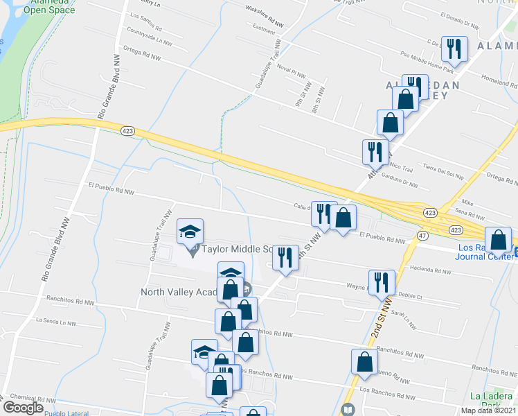 map of restaurants, bars, coffee shops, grocery stores, and more near 603 El Pueblo Road Northwest in Los Ranchos de Albuquerque