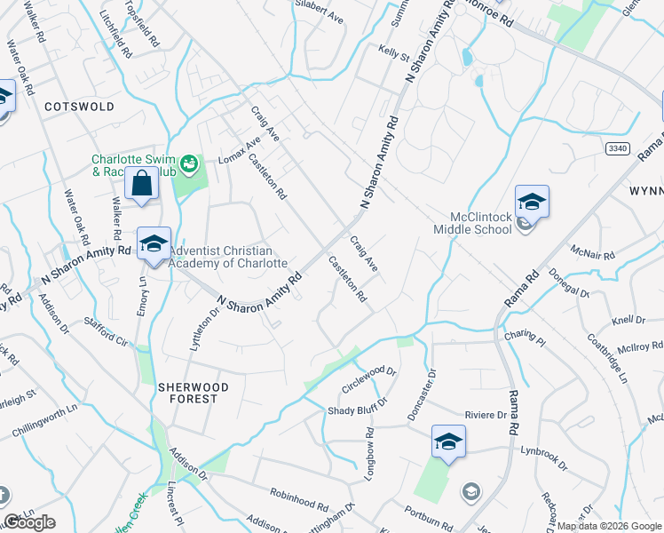 map of restaurants, bars, coffee shops, grocery stores, and more near 4401 Charlestowne Manor Drive in Charlotte