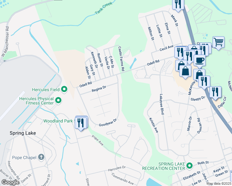 map of restaurants, bars, coffee shops, grocery stores, and more near 616 Goodyear Drive in Spring Lake