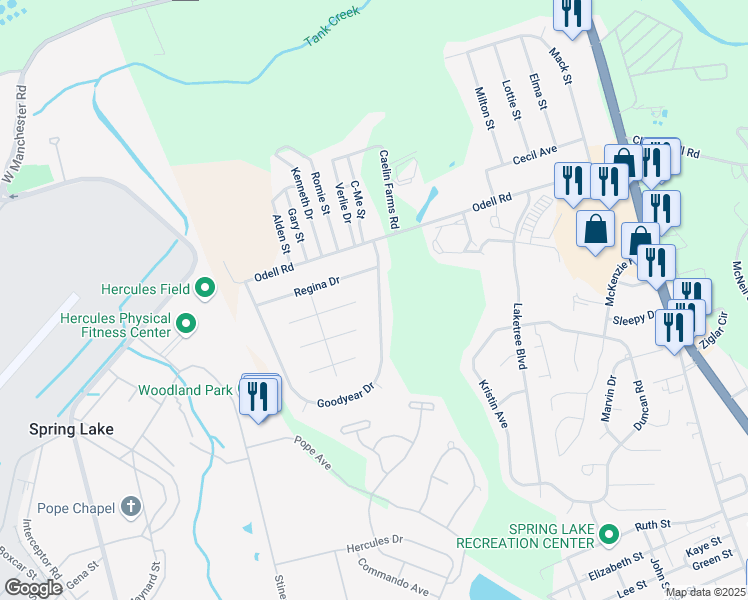 map of restaurants, bars, coffee shops, grocery stores, and more near 616 Goodyear Drive in Spring Lake