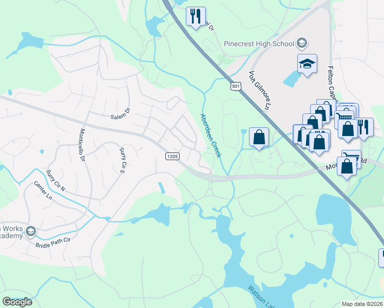 map of restaurants, bars, coffee shops, grocery stores, and more near 110 Wimbledon Drive in Pinehurst