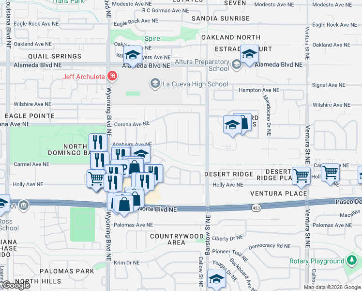 map of restaurants, bars, coffee shops, grocery stores, and more near 8321 Wilson Hurley Court Northeast in Albuquerque