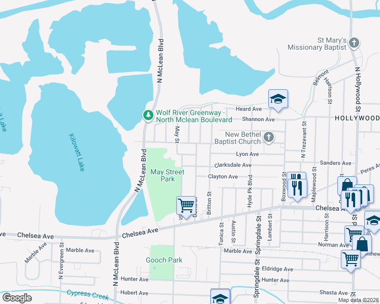 map of restaurants, bars, coffee shops, grocery stores, and more near 2030 Clarksdale Avenue in Memphis