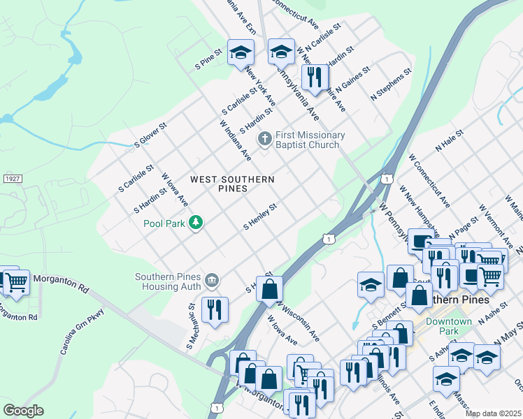 map of restaurants, bars, coffee shops, grocery stores, and more near 494 South Henley Street in Southern Pines
