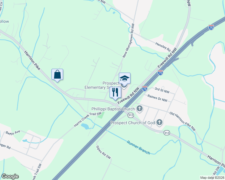 map of restaurants, bars, coffee shops, grocery stores, and more near 2465 Prospect School Road in Cleveland