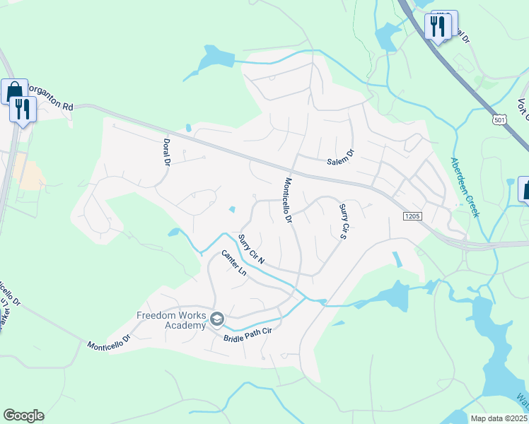 map of restaurants, bars, coffee shops, grocery stores, and more near 3 Surry Lane in Pinehurst