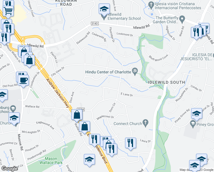 map of restaurants, bars, coffee shops, grocery stores, and more near 7431 Fowler Springs Lane in Charlotte