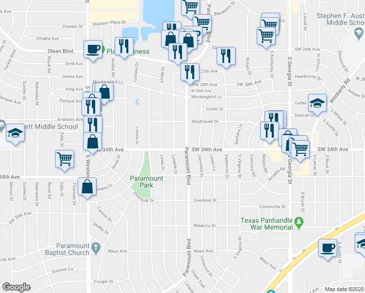 map of restaurants, bars, coffee shops, grocery stores, and more near 3320 Paramount Boulevard in Amarillo