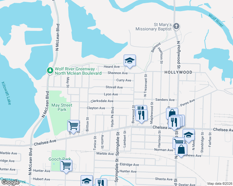 map of restaurants, bars, coffee shops, grocery stores, and more near 2204 Clarksdale Avenue in Memphis