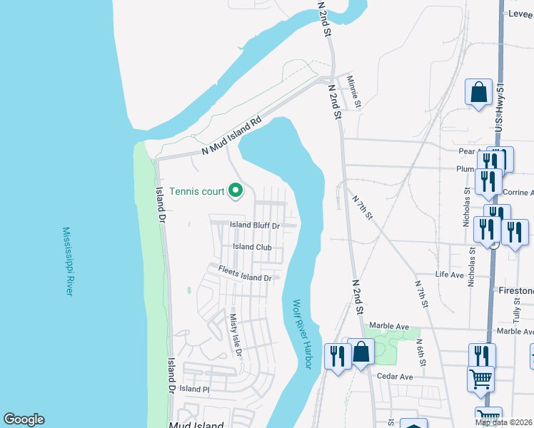 map of restaurants, bars, coffee shops, grocery stores, and more near 1389 Island Town Drive in Memphis