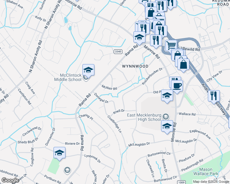 map of restaurants, bars, coffee shops, grocery stores, and more near 2043 Knickerbocker Drive in Charlotte