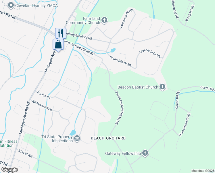 map of restaurants, bars, coffee shops, grocery stores, and more near 1966 Peach Orchard Hill Road Northeast in Cleveland