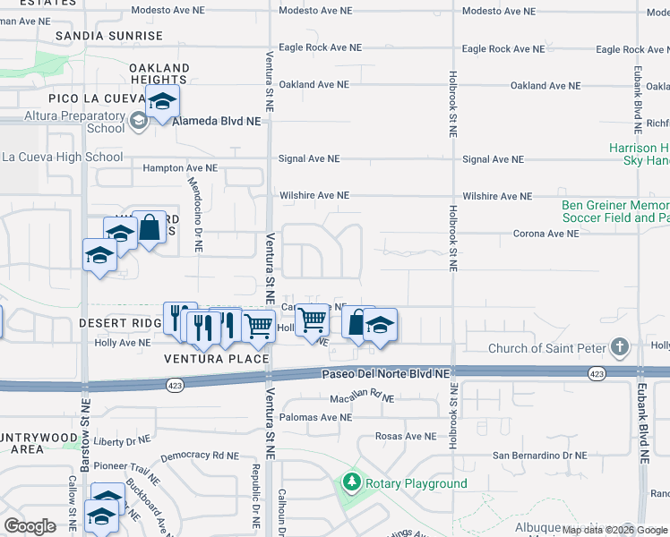 map of restaurants, bars, coffee shops, grocery stores, and more near 9124 Berryessa Road Northeast in Albuquerque