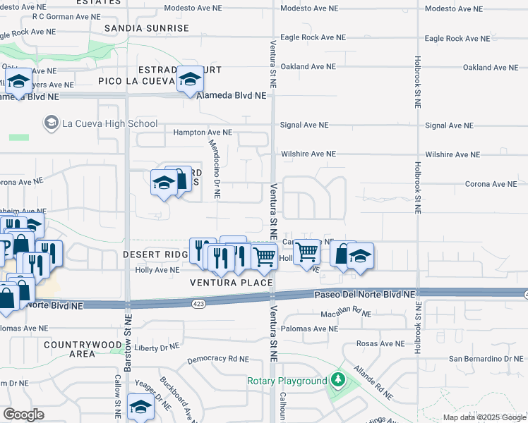 map of restaurants, bars, coffee shops, grocery stores, and more near 8916 Helmick Place Northeast in Albuquerque