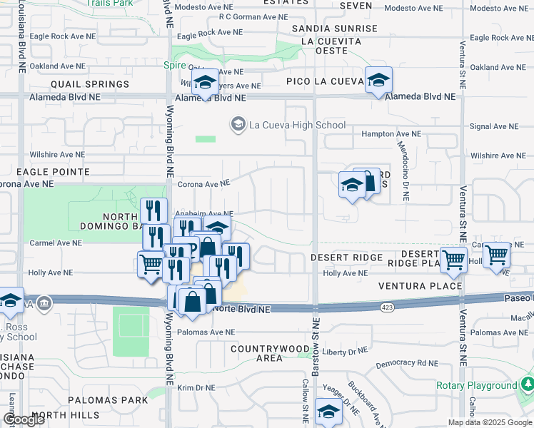 map of restaurants, bars, coffee shops, grocery stores, and more near 8321 Wilson Hurley Court Northeast in Albuquerque