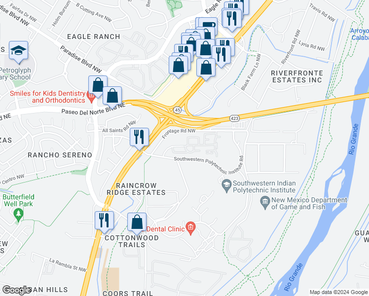 map of restaurants, bars, coffee shops, grocery stores, and more near 9180 Coors Boulevard Northwest in Albuquerque