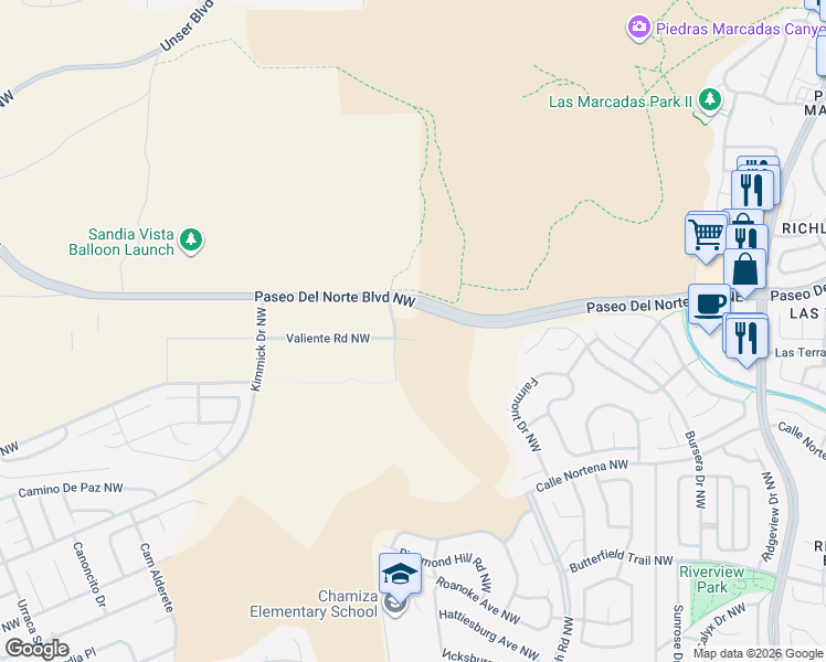 map of restaurants, bars, coffee shops, grocery stores, and more near 5500 Valiente Road Northwest in Albuquerque