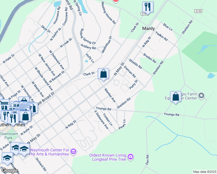 map of restaurants, bars, coffee shops, grocery stores, and more near 375 Manley Avenue in Southern Pines