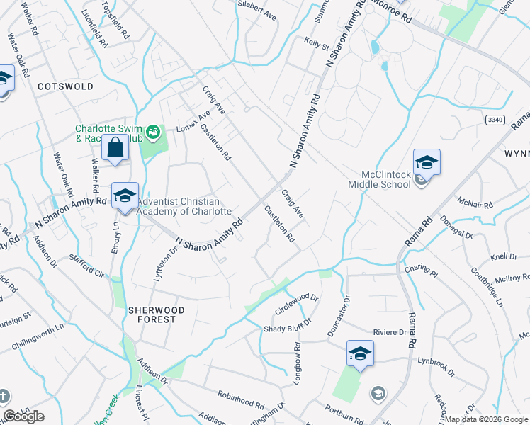 map of restaurants, bars, coffee shops, grocery stores, and more near 4401 Charlestowne Manor Drive in Charlotte
