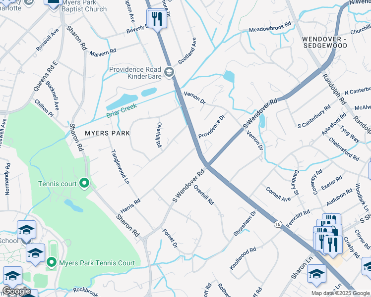 map of restaurants, bars, coffee shops, grocery stores, and more near 1844 Harris Road in Charlotte